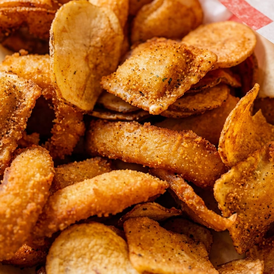 Basket of golden-brown fried potato chips and seasoned breaded ravioli.