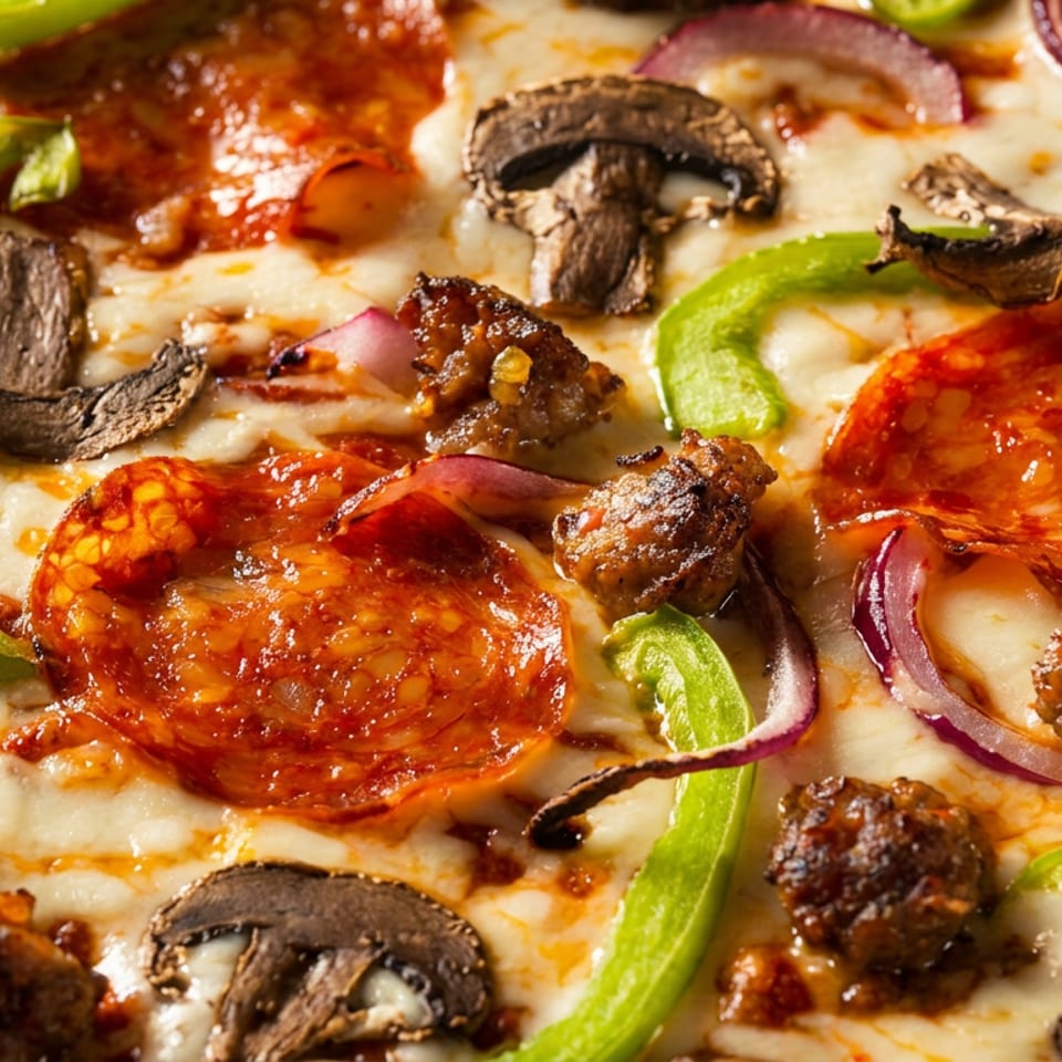 Close-up of a loaded pizza with pepperoni, sausage, mushrooms, green peppers, and red onions.