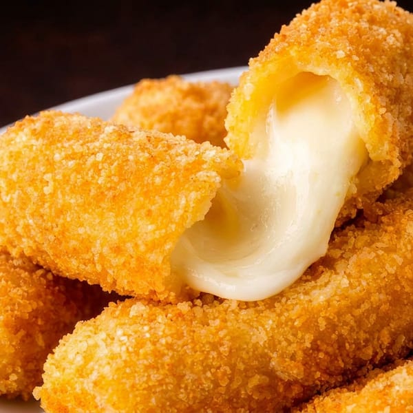 Close-up of golden fried mozzarella sticks, one revealing hot, stretchy melted cheese.