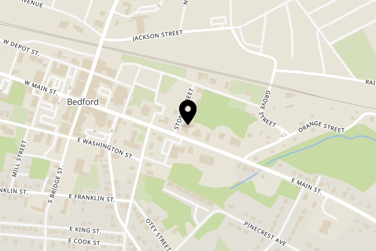 Map showing the location of Lori's Italian Grill & Pizzeria on 401 E Main St in Bedford